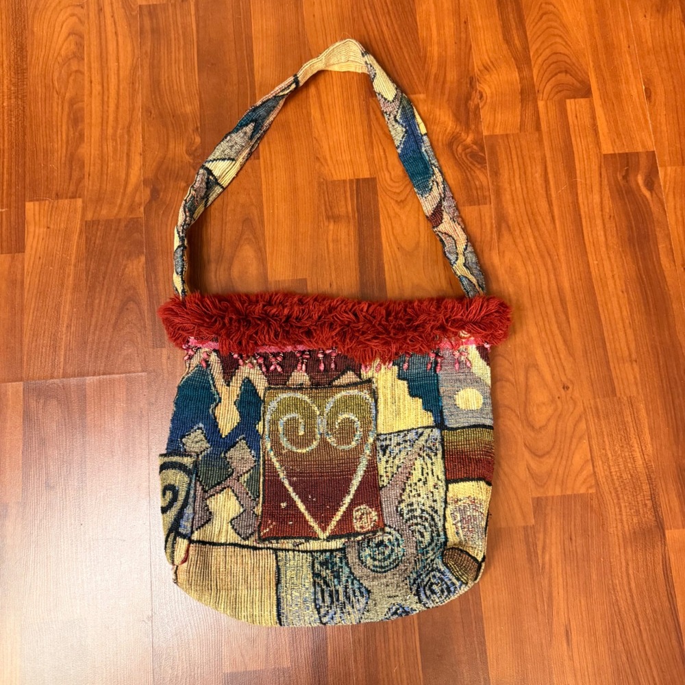 VTG Tapestry Hobo Bag Medium Whimsigoth Multicolor Boho Patchwork Heart Beaded
